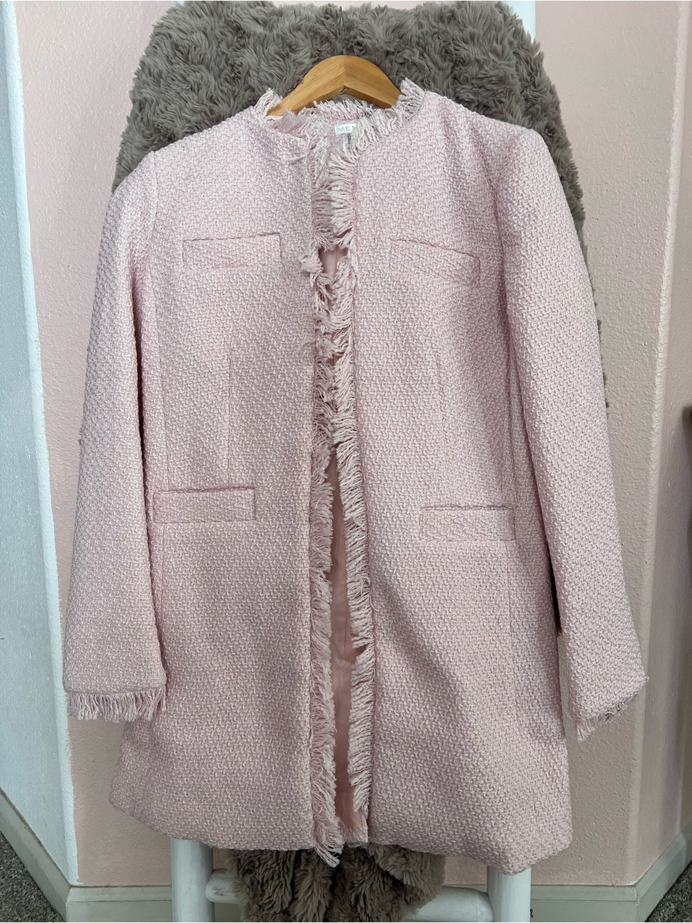 Pink Bouclé Tweed Open Front Jacket with Fringe Detail - NWOT